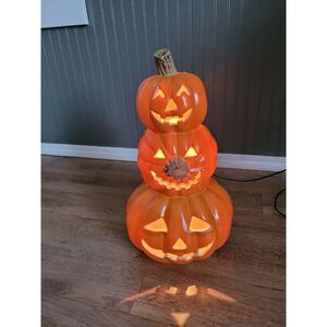 Halloween 18.5" Blow Mold 3 Jack o Lanterns Stacked Totem Pumpkins Lighted-Works